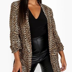 Plus Leopard Ruched Sleeve Blazer
